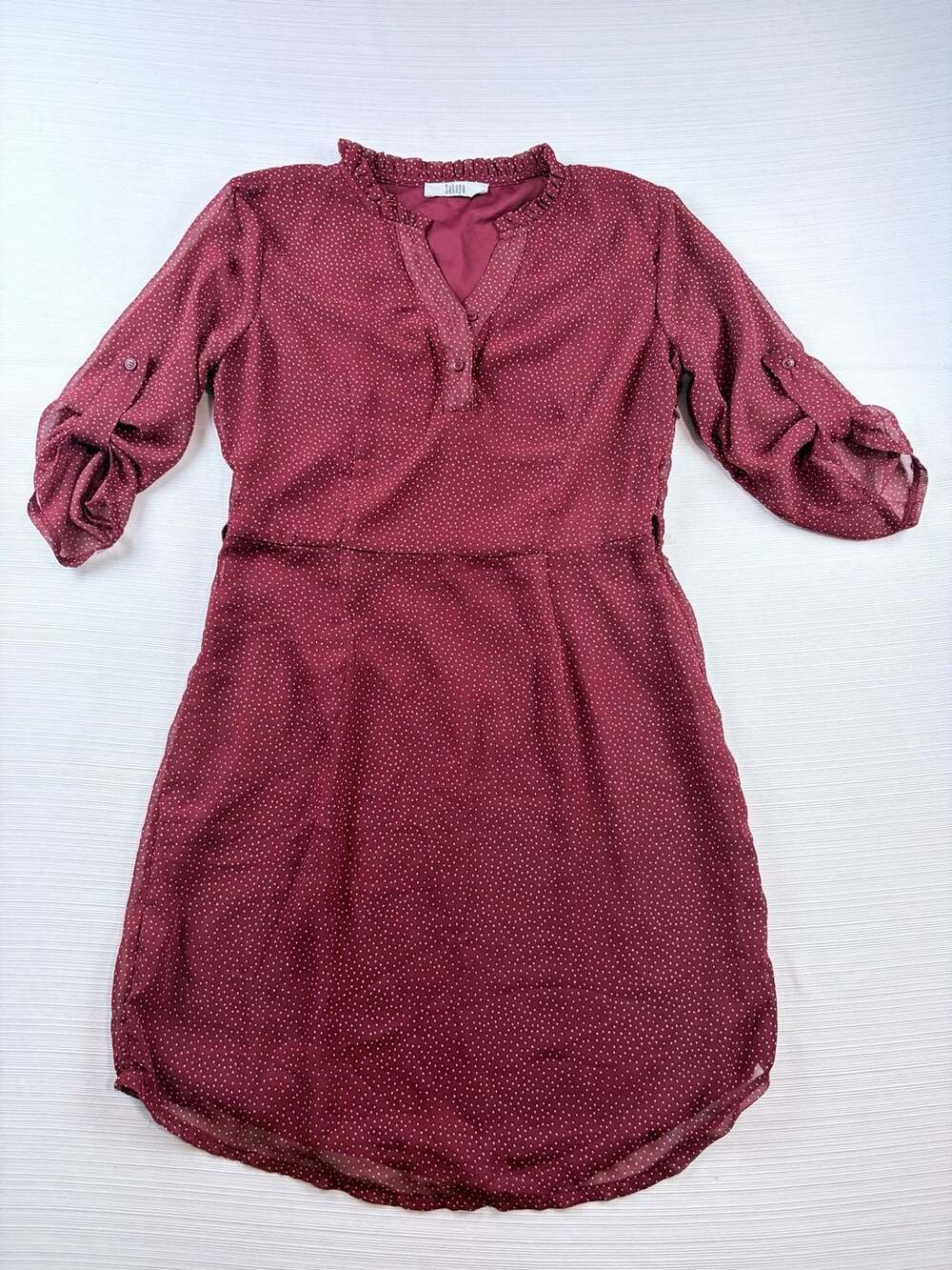 Sakaya Women's Maroon White Polka Dot Chiffon V-Neck Dress Size S